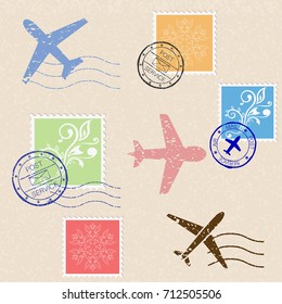 Postal elements. Collection of stamps and plane icons. Vector illustration on beige background