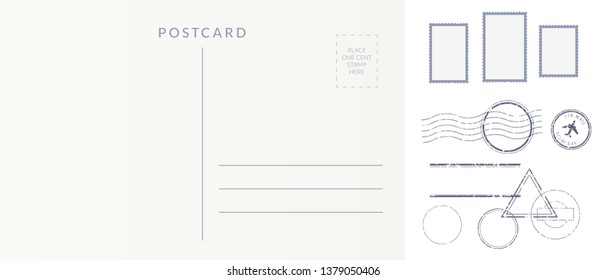 Postal elements set: empty postcard back, postage stamps and cancel marks imprints.