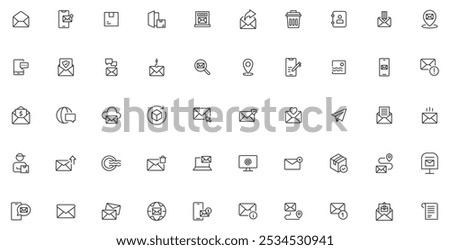 Postal and email line icons collection. Message, envelope, mailing, postal letter, post office and mailbox outline icon set