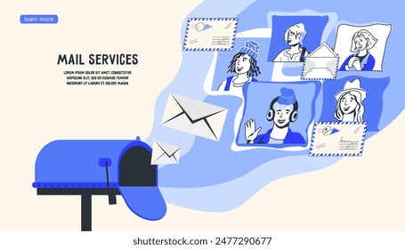 Postal email services and mailbox notification. Email and online messaging, web page or landing page banner template, cartoon vector illustration.