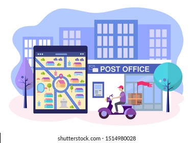 Postal Employee On A Motorbike Delivers Parcels And Correspondence, The Determination Of Geolocation Using Electronic Devices. Modern Mail Concept Vector Illustration.