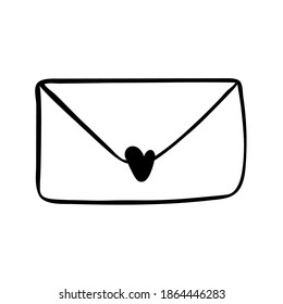 Sobre postal, contorno negro. Dibujo manual, doodle, ilustración vectorial. Postales al día de los amantes, con un fondo blanco
