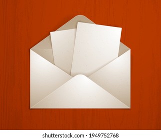 Postal envelope with blank card over wooden background realistic vector paper illustration, graphic design element message greeting mail.