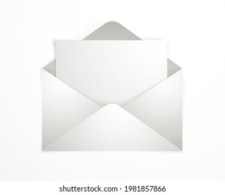 Postal envelope with blank card over white background realistic vector paper illustration, graphic design element message greeting mail.