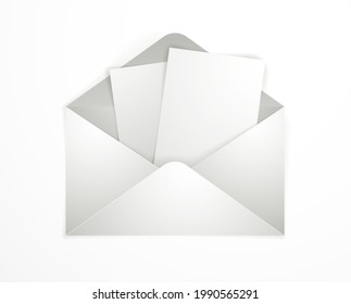 Postal envelope with blank card over white background realistic vector paper illustration, graphic design element message greeting mail.