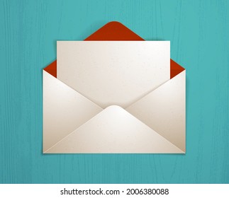 Sobre postal con tarjeta en blanco sobre fondo de madera ilustración de papel vectorial realista, elemento de diseño gráfico mensaje de bienvenida de correo.