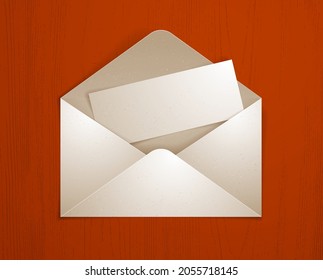 Postal envelope with blank card over wooden background realistic vector paper illustration, graphic design element message greeting mail.
