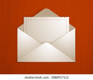 Postal envelope with blank card over wooden background realistic vector paper illustration, graphic design element message greeting mail.