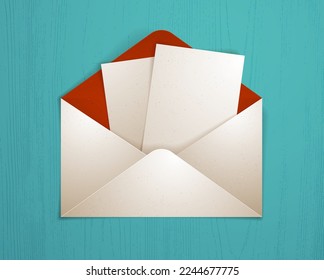 Postal envelope with blank card over wooden background realistic vector paper illustration, graphic design element message greeting mail.