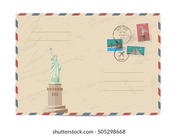 Postal envelope. Blank post card with American airmail stamp and postmark. Vintage postal envelop with Statue of Liberty from New York. Air mail icon. Correspondence vector illustration
