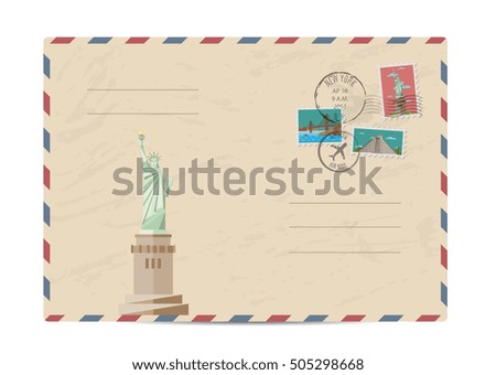 Postal envelope. Blank post card with American airmail stamp and postmark. Vintage postal envelop with Statue of Liberty from New York. Air mail icon. Correspondence vector illustration
