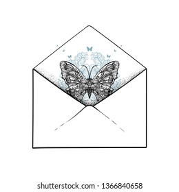 Postal envelope with butterflies and floral pattern.  Bohemian. Boho style.
 Vector illustration. Invitation, greeting card. Gift. Poster, package. Cover, printing on a souvenir.
 Vintage