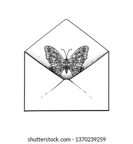 Postal envelope with butterflies and floral pattern.  Bohemian. Boho style.
 Vector illustration. Invitation, greeting card. Gift. Poster, package. Cover, printing on a souvenir.
 Vintage