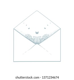 Postal envelope with butterflies and floral pattern.  Bohemian. Boho style.
 Vector illustration. Invitation, greeting card. Gift. Poster, package. Cover, printing on a souvenir.
 Vintage