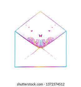 Postal envelope with butterflies and floral pattern.  Bohemian. Boho style.
 Vector illustration. Invitation, greeting card. Gift. Poster, package. Cover, printing on a souvenir.
 Vintage