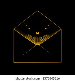 Postal envelope with butterflies and floral pattern.  Bohemian. Boho style.
 Vector illustration. Invitation, greeting card. Gift. Poster, package. Cover, print. Gold. Vintage