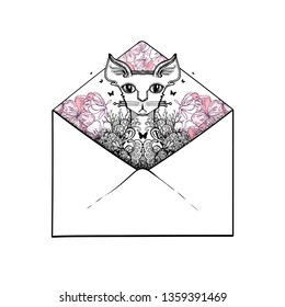 Postal envelope with a cat and flowers. Vector illustration. Invitation or greeting card. Nice gift, poster, package. Design for the cover, printing on a souvenir.
