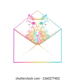 Postal envelope with a cat and flowers. Vector illustration. Invitation or greeting card. Nice gift, poster, package. Design for the cover, printing on a souvenir.
