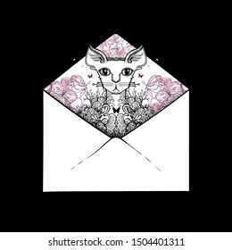Postal envelope with a cat and flowers. Vector illustration. Invitation or greeting card. Nice gift, poster, package. Design for the cover, printing on a souvenir.
