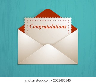 Postal envelope with congratulations card over wooden background realistic vector paper illustration, graphic design element message greeting mail.
