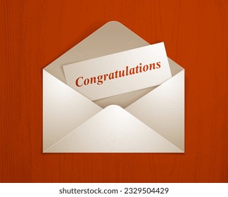 Postal envelope with congratulations card over wooden background realistic vector paper illustration, graphic design element message greeting mail.