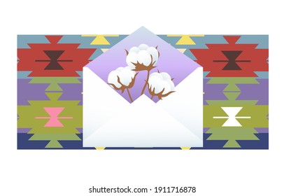  Postal envelope with cotton on the background of Uzbek patterns isolated