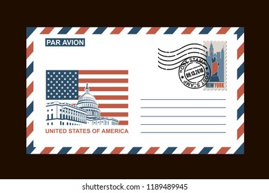 postal envelope design with american symbols on black background