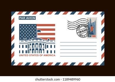 postal envelope design with american symbols on black background
