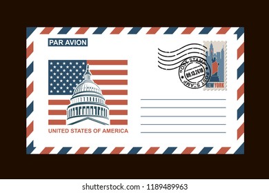 postal envelope design with american symbols on black background