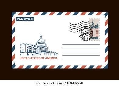 postal envelope design with american symbols on black background