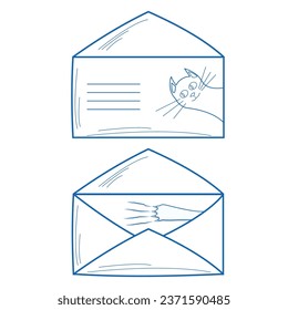 Un sobre postal dibujado por un gato, la pata de un gato se dibuja dentro del sobre. Dibujo vectorial, garabato, caricatura