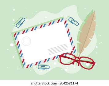 postal envelope and feather with eyeglasses