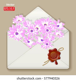 Postal envelope and flowers pink daisy, wax seal with rope isolated on beige background vector illustration
