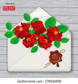 Postal envelope and flowers red roses, wax seal with rope isolated on grey wooden background vector illustration
