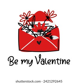 Postal envelope with flowers is a Valentine's Day card with the inscription Be my Valentine. A Valentine's Day card. A letter with flowers and an inscription. Flat style. Cartoon vector illustration