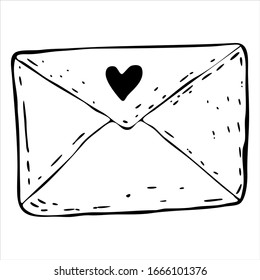 Postal envelope with a heart. Letter, mail. Valentine's day, birthday, wedding, holiday. Doodle. Hand drawing. Vector element for design of greeting cards, printing on fabrics, wrapping paper.