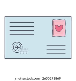 Envelope postal com carimbo de correio cardíaco e impressão. Um modelo de formulário vazio. Insira o seu texto. Ilustração vetorial.