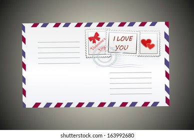 Postal envelope with hearts, mark and postmarked.