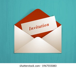 Postal envelope with invitation card over wooden background realistic vector paper illustration, graphic design element message greeting mail.