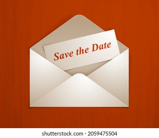 Postal envelope with invitation card over wooden background realistic vector paper illustration, graphic design element message greeting mail.