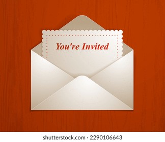 Postal envelope with invitation card over wooden background realistic vector paper illustration, graphic design element message greeting mail.