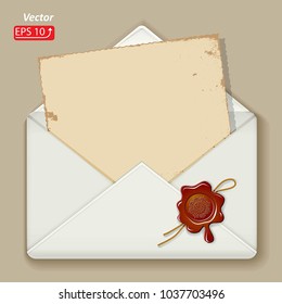 Postal envelope, letter, blank sheet of paper, wax seal with rope isolated on beige background vector illustration