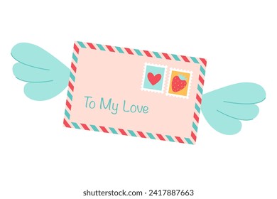 Postal envelope, letter love message with post stamps and wings, isolated on white background. Happy Valentines Day. To my love. Vector illustration