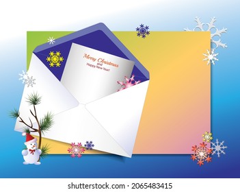 Postumschlag mit Grußkarte für Neujahr, Schneeflocken, Textstelle, Kiefernzweig und Schneemann in einem Weihnachtsmütze. Vektorgrafik für ein festliches Design.