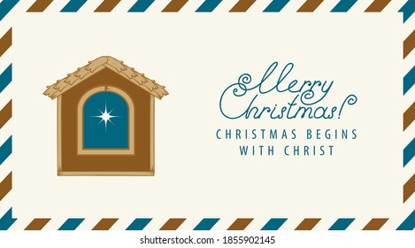 Postal envelope on the theme of merry Christmas in cartoon style. Vector greeting envelope decorated with Christmas star and inscription Christmas begins with Christ