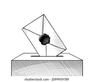 A postal envelope in the opening of the mailbox. The symbol of the message, mail. A retro-style postal sign and badge. Antique engraving stylized drawing