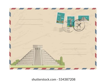 Postal envelope. Paper letter card with travel post mark, air mailing stamp seal, stripped border. Vector Chichen Itza Tulum Kukulcan crypt tomb pyramid in Mexico. Postal correspondence illustration
