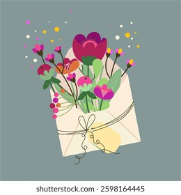 A postal envelope. Pink flowers in an envelope