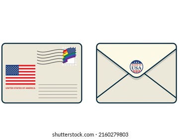 Postal envelope. Postage stamp with lgbt flag. Made in the usa.