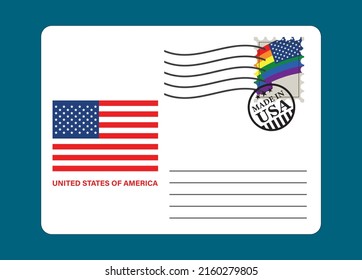 Postal envelope. Postage stamp with lgbt flag. Made in the usa.